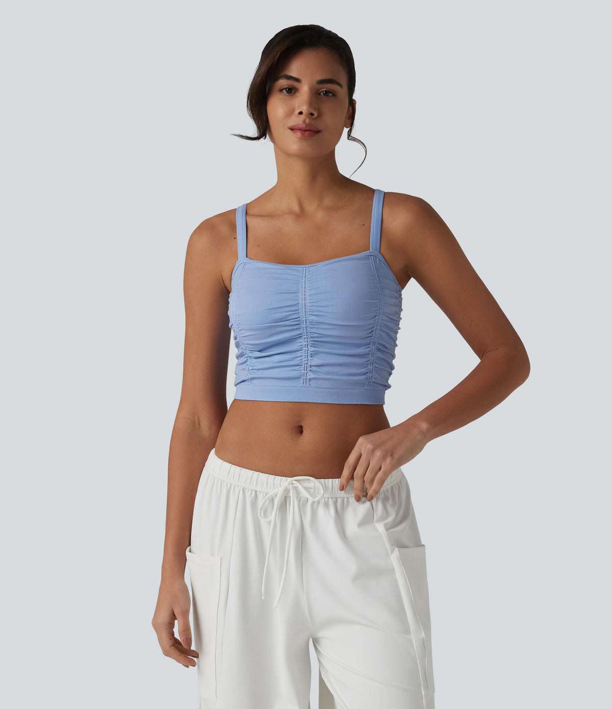 OneForm Seamless Flow Crisscross Back Ruched Cropped Built-in Bra Yoga Tank Top — Polaris Star — view 3
