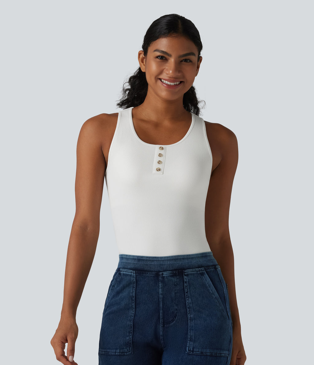 Ribbed Knit Round Neck Built-in Bra Casual Tank Top — White — view 3