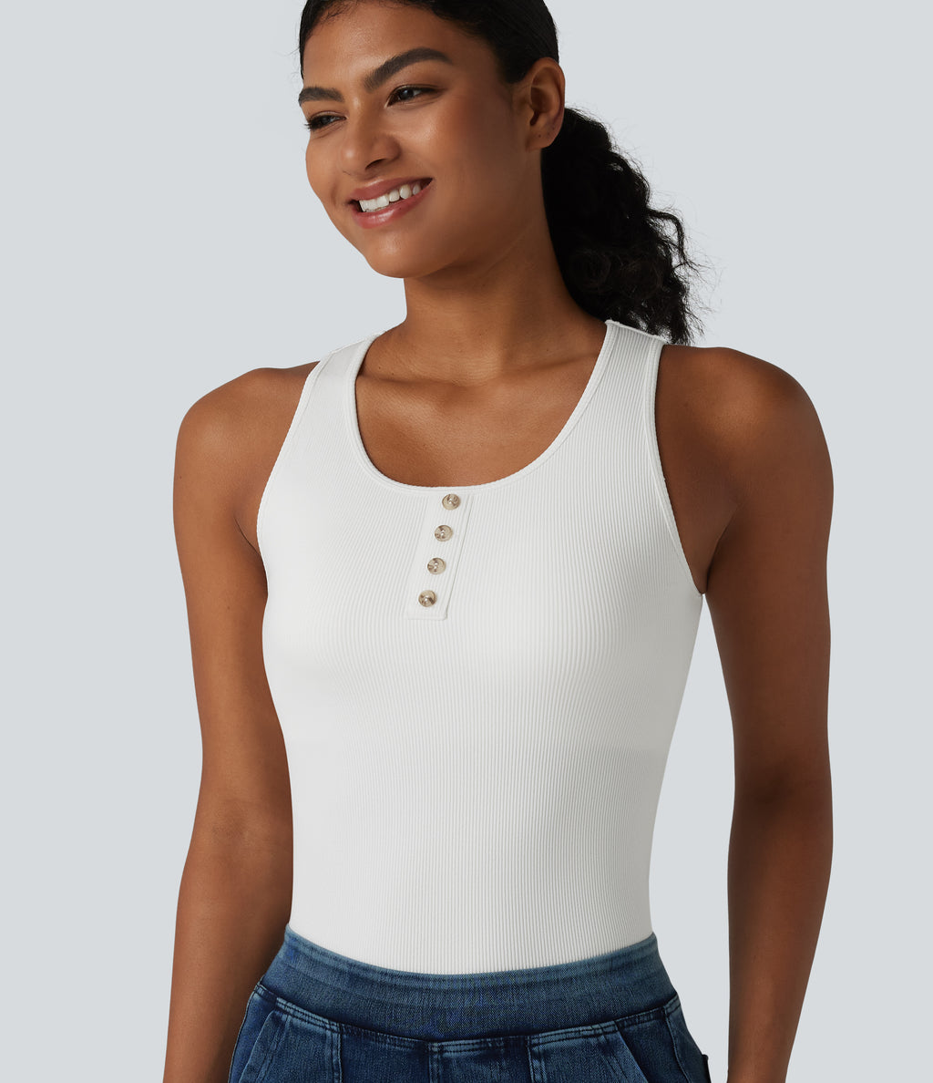 Ribbed Knit Round Neck Built-in Bra Casual Tank Top — White — view 5