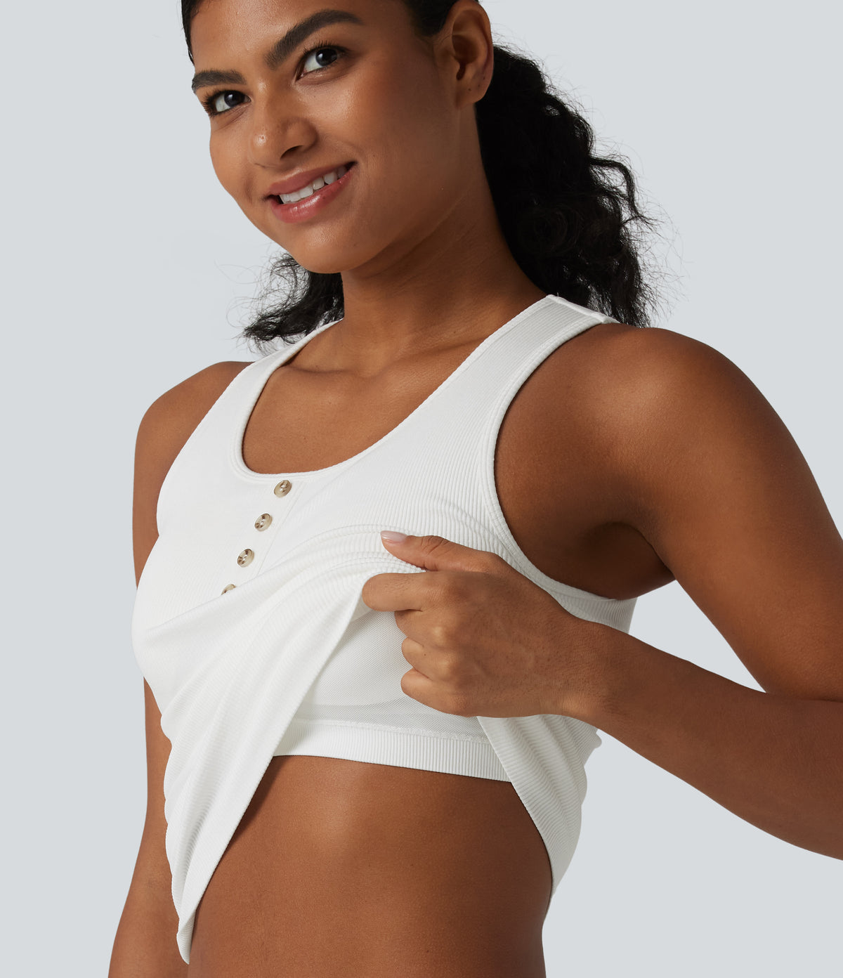 Ribbed Knit Round Neck Built-in Bra Casual Tank Top — White — view 1