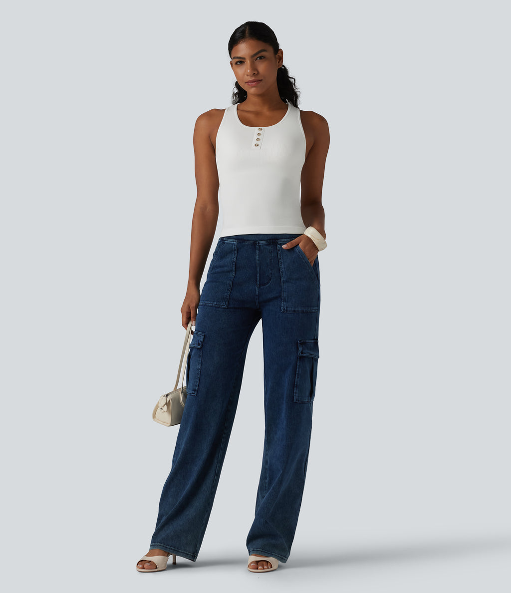 Ribbed Knit Round Neck Built-in Bra Casual Tank Top — White — view 7
