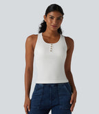 Ribbed Knit Round Neck Built-in Bra Casual Tank Top — White — view 6