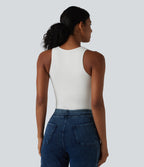 Ribbed Knit Round Neck Built-in Bra Casual Tank Top — White — view 2