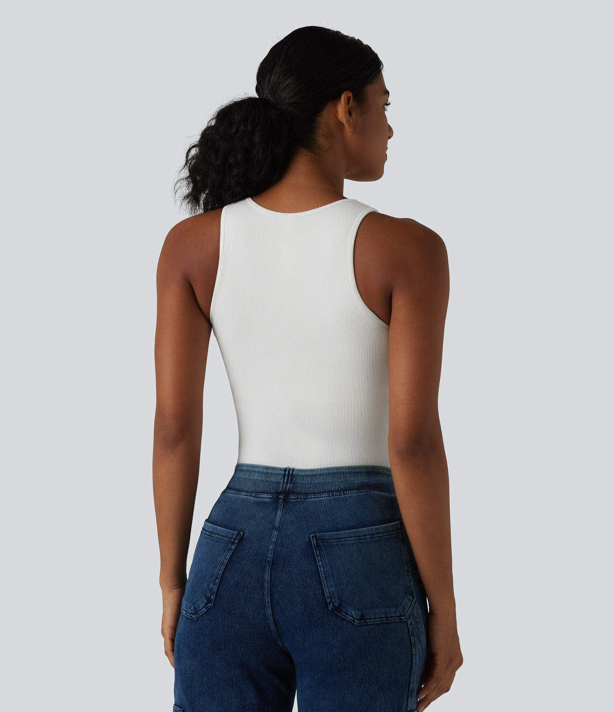 Ribbed Knit Round Neck Built-in Bra Casual Tank Top — White — view 2