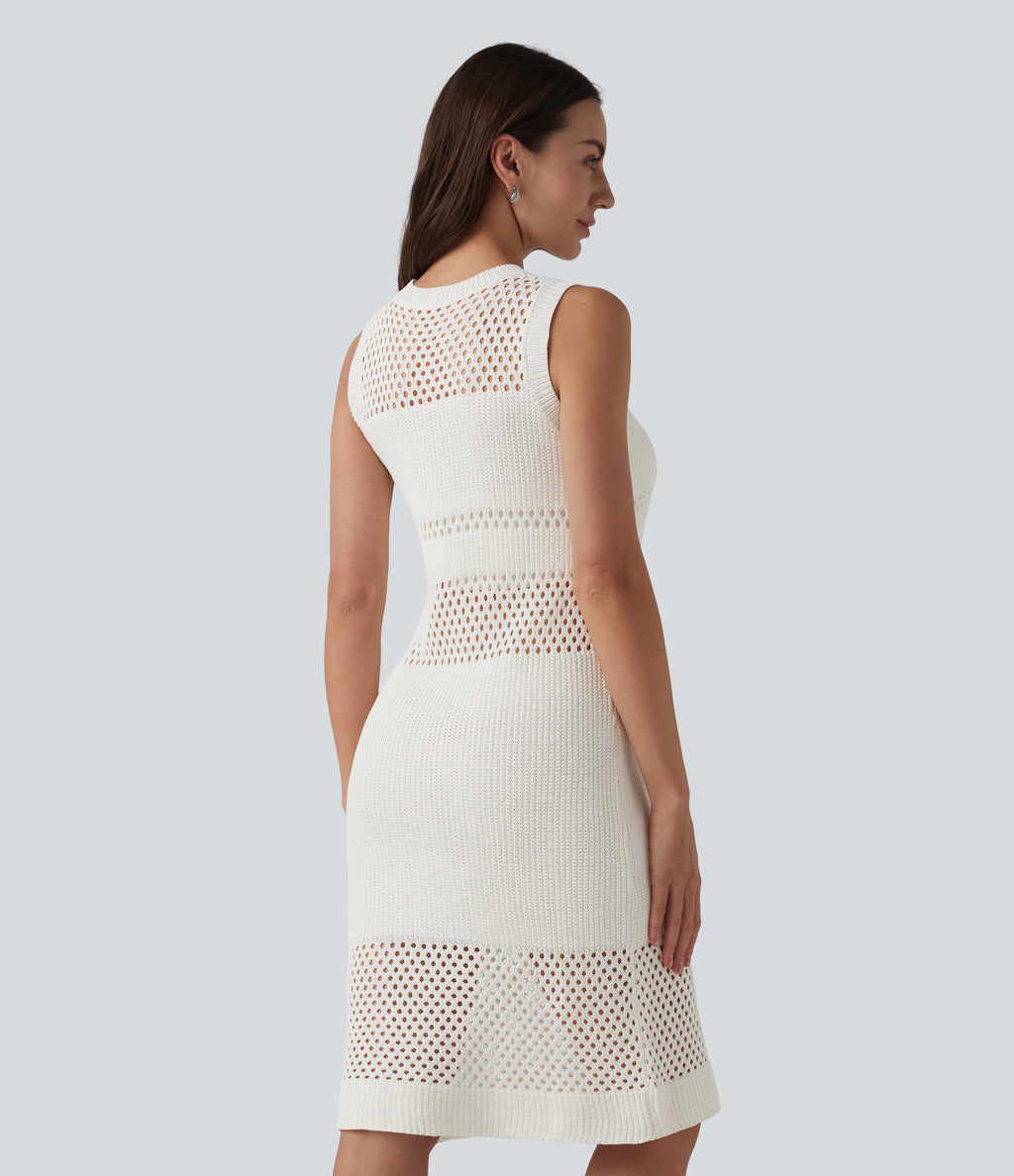 Round Neck Sleeveless Cut Out Mini Dress — White — view 2
