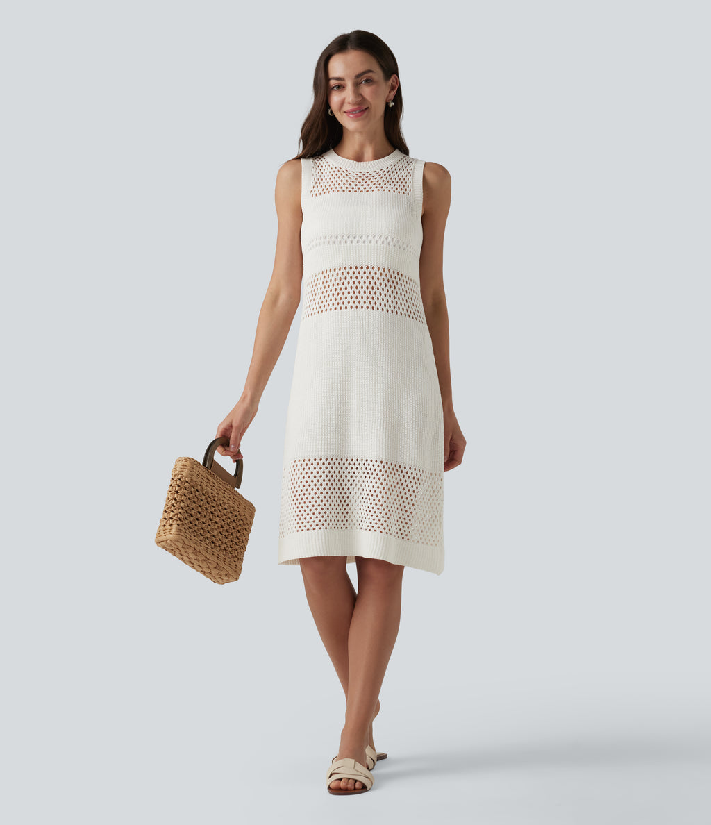 Round Neck Sleeveless Cut Out Mini Dress — White — view 6