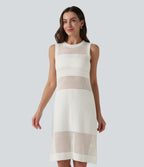 Round Neck Sleeveless Cut Out Mini Dress — White — view 1