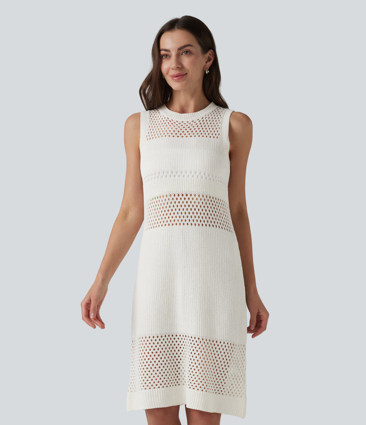 Round Neck Sleeveless Cut Out Mini Dress — White — view 1