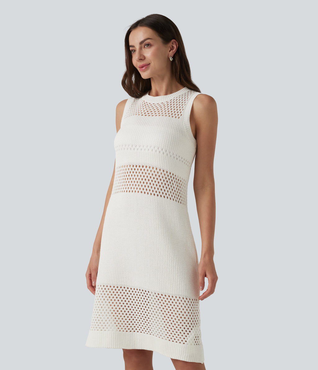 Round Neck Sleeveless Cut Out Mini Dress — White — view 3