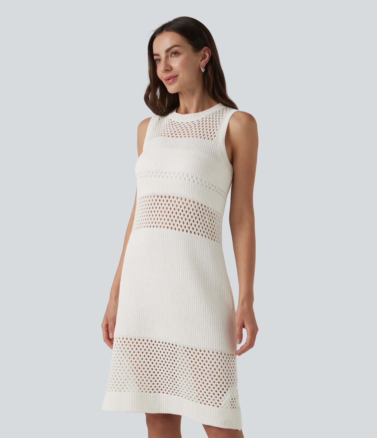 Round Neck Sleeveless Cut Out Mini Dress — White — view 3