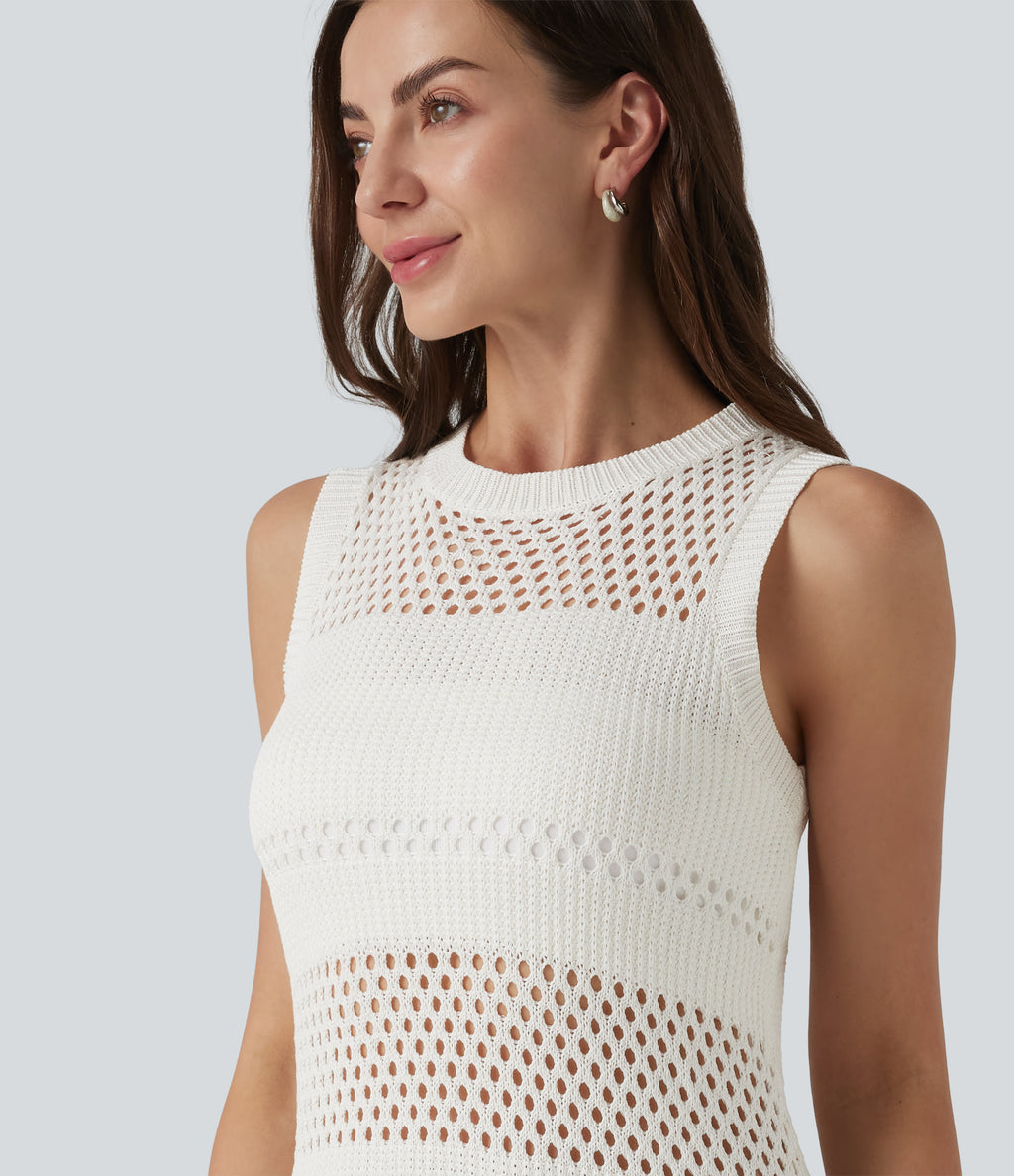 Round Neck Sleeveless Cut Out Mini Dress — White — view 5