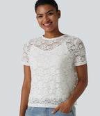Round Neck Short Sleeve Lace 2-in-1 Casual T-Shirt — White — view 5