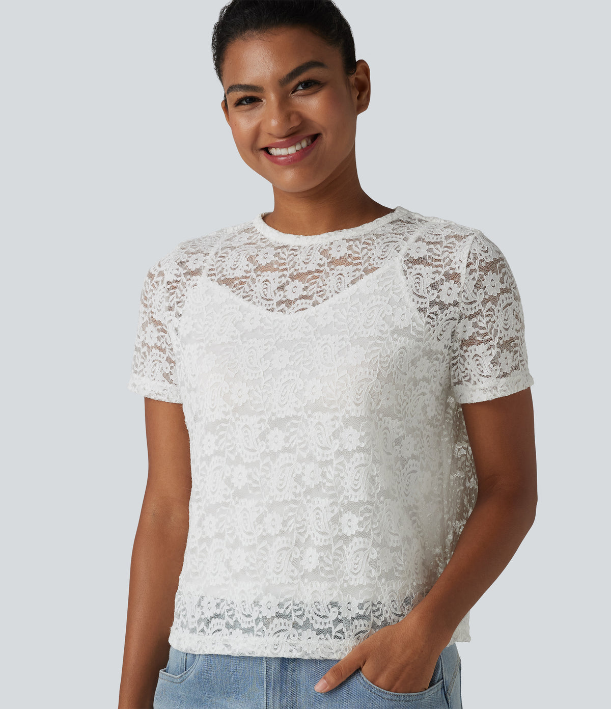 Round Neck Short Sleeve Lace 2-in-1 Casual T-Shirt — White — view 5