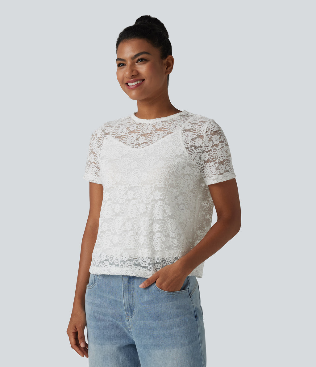 Round Neck Short Sleeve Lace 2-in-1 Casual T-Shirt — White — view 3