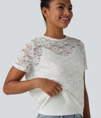 Round Neck Short Sleeve Lace 2-in-1 Casual T-Shirt — White — view 1