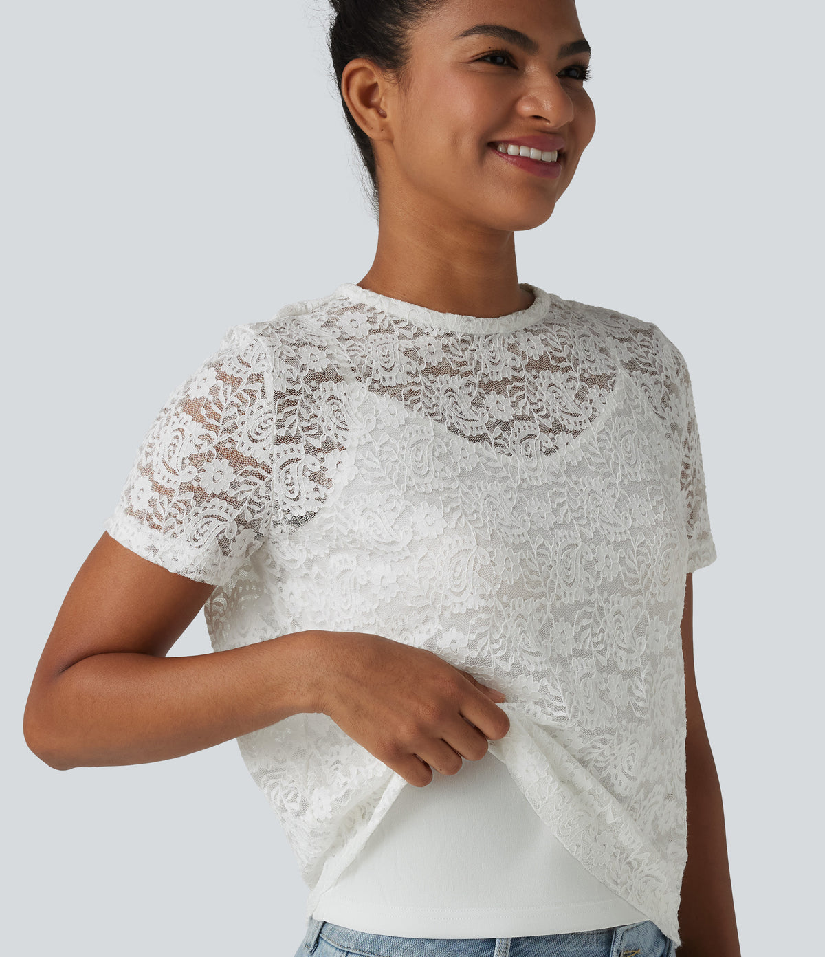 Round Neck Short Sleeve Lace 2-in-1 Casual T-Shirt — White — view 1
