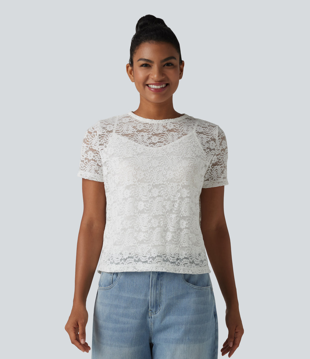 Round Neck Short Sleeve Lace 2-in-1 Casual T-Shirt — White — view 4