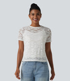 Round Neck Short Sleeve Lace 2-in-1 Casual T-Shirt — White — view 4