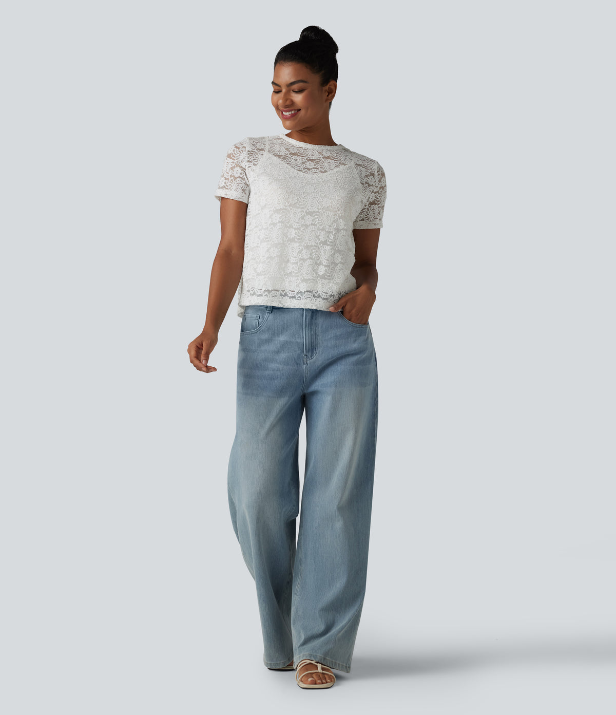 Round Neck Short Sleeve Lace 2-in-1 Casual T-Shirt — White — view 6
