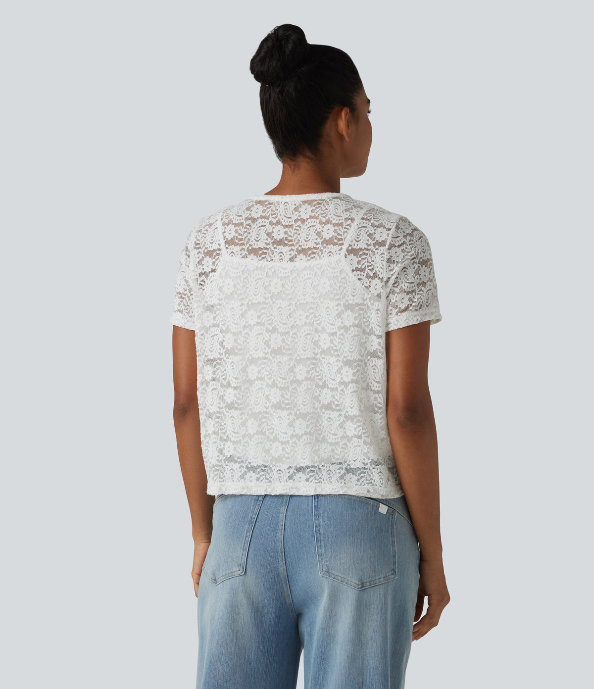 Round Neck Short Sleeve Lace 2-in-1 Casual T-Shirt — White — view 2