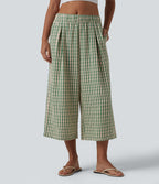 Mid Rise Plaid Cropped Casual Baggy Trousers with Pockets — Forest Meadow Plaid — view 1