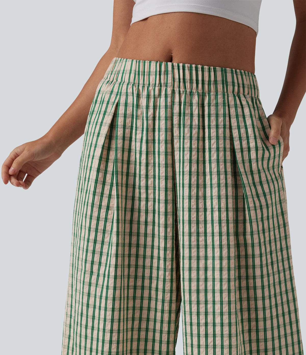 Mid Rise Plaid Cropped Casual Baggy Trousers with Pockets — Forest Meadow Plaid — view 4