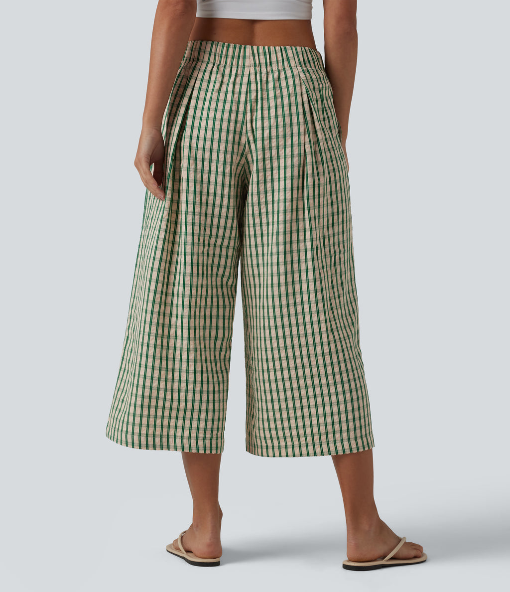 Mid Rise Plaid Cropped Casual Baggy Trousers with Pockets — Forest Meadow Plaid — view 2