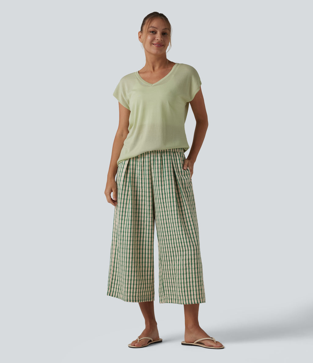 Mid Rise Plaid Cropped Casual Baggy Trousers with Pockets — Forest Meadow Plaid — view 6