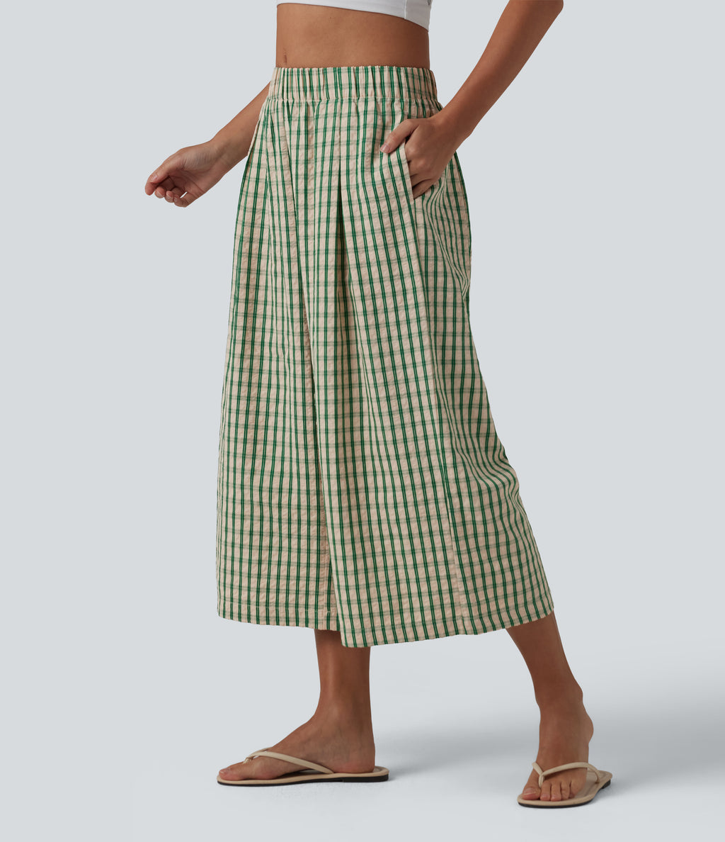 Mid Rise Plaid Cropped Casual Baggy Trousers with Pockets — Forest Meadow Plaid — view 3