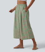 Mid Rise Plaid Cropped Casual Baggy Trousers with Pockets — Forest Meadow Plaid — view 3