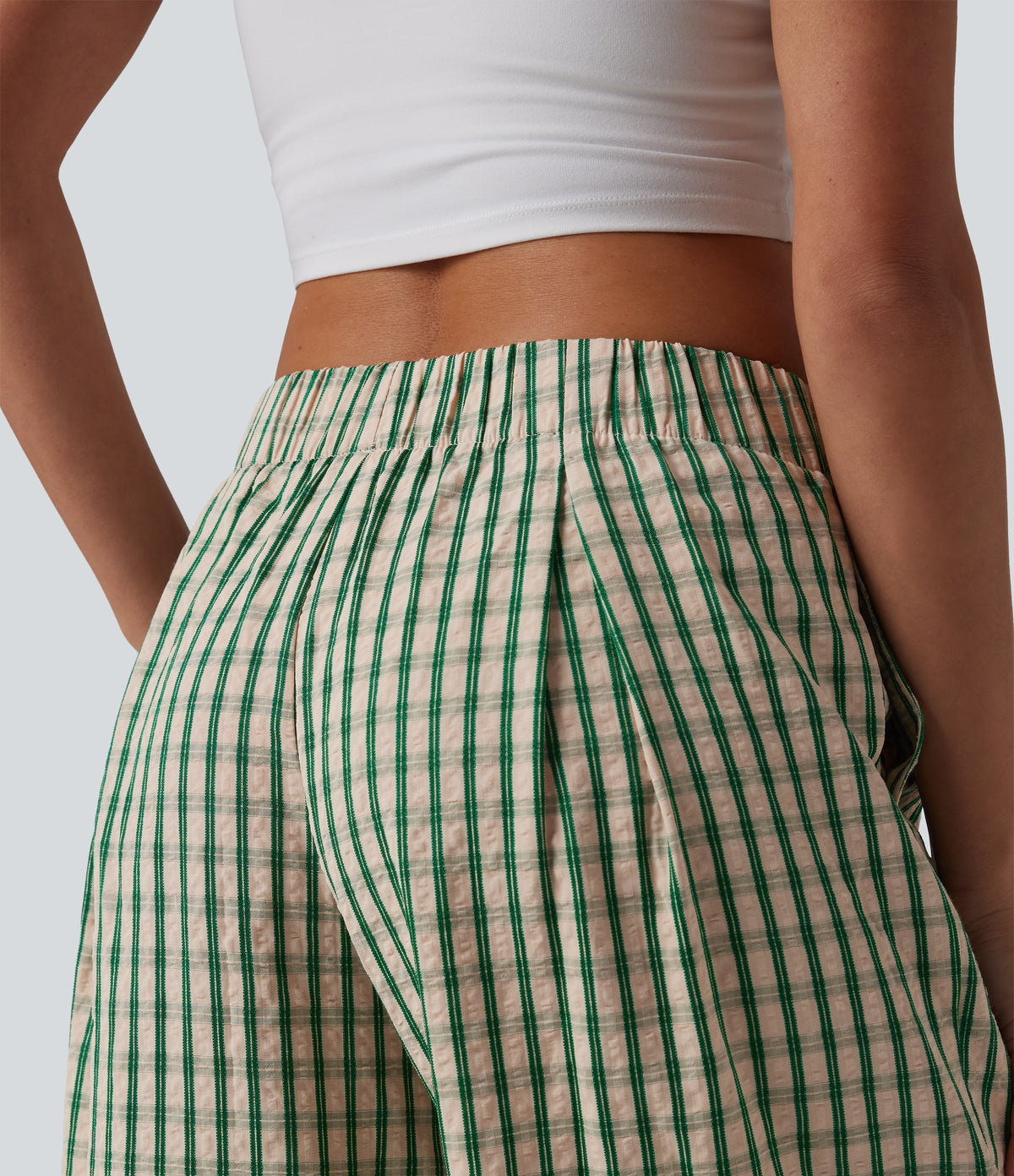 Mid Rise Plaid Cropped Casual Baggy Trousers with Pockets — Forest Meadow Plaid — view 5