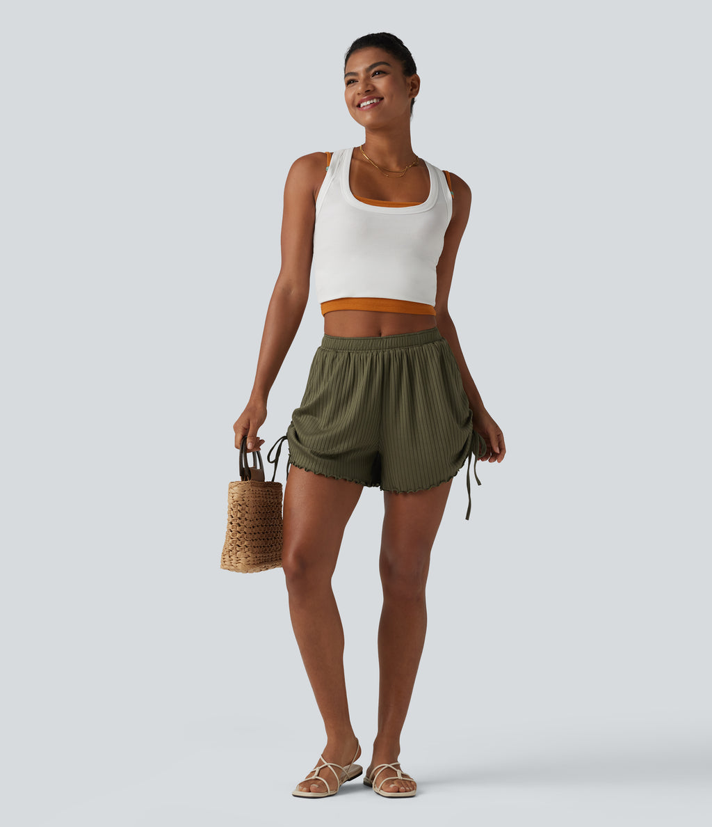 Ribbed Knit Mid Rise Drawstring Lettuce Trim Shorts 4'' with Pockets — Winter Moss — view 5