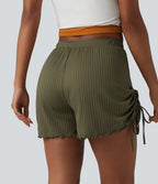Ribbed Knit Mid Rise Drawstring Lettuce Trim Shorts 4'' with Pockets — Winter Moss — view 2