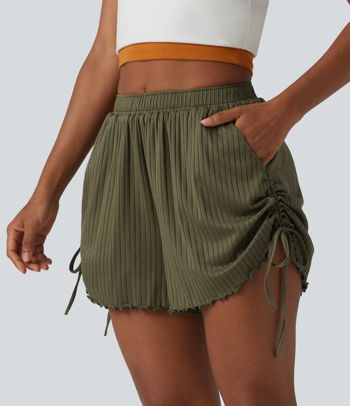 Ribbed Knit Mid Rise Drawstring Lettuce Trim Shorts 4'' with Pockets — Winter Moss — view 1