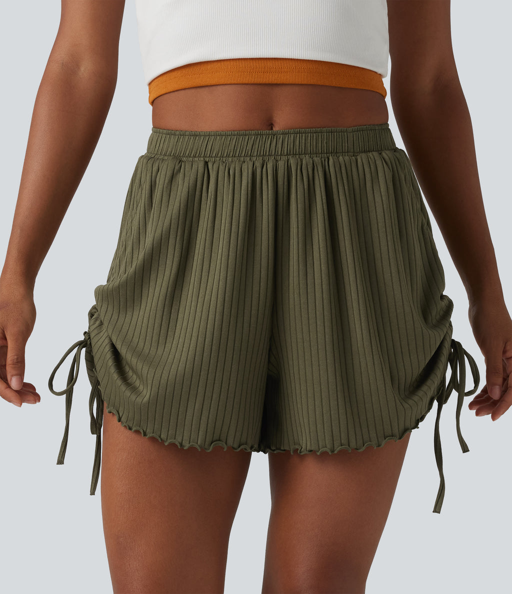 Ribbed Knit Mid Rise Drawstring Lettuce Trim Shorts 4'' with Pockets — Winter Moss — view 3