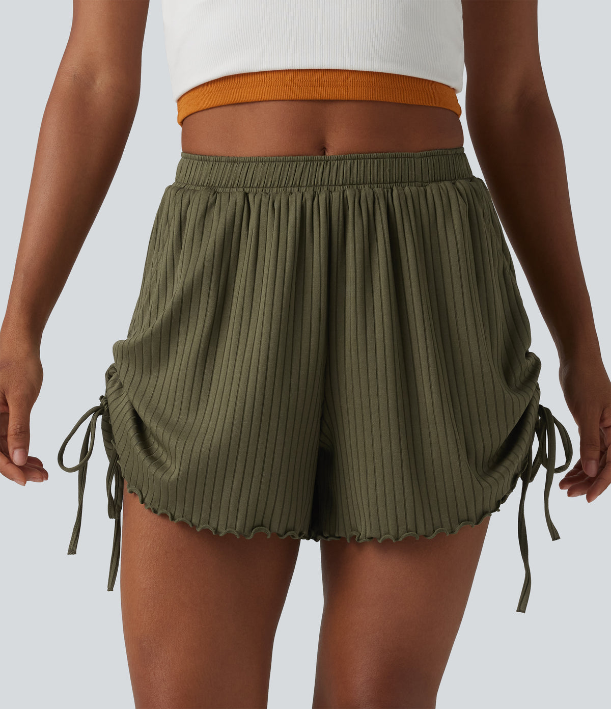 Ribbed Knit Mid Rise Drawstring Lettuce Trim Shorts 4'' with Pockets — Winter Moss — view 3