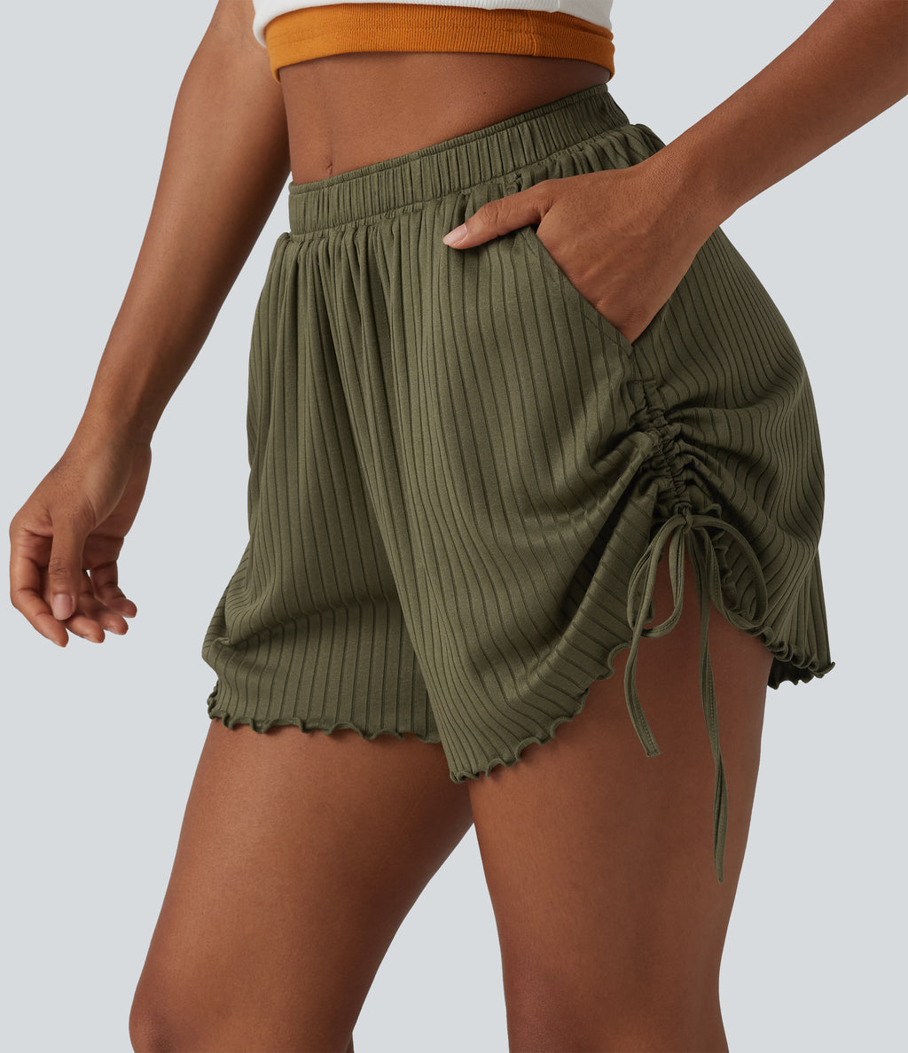 Ribbed Knit Mid Rise Drawstring Lettuce Trim Shorts 4'' with Pockets — Winter Moss — view 4
