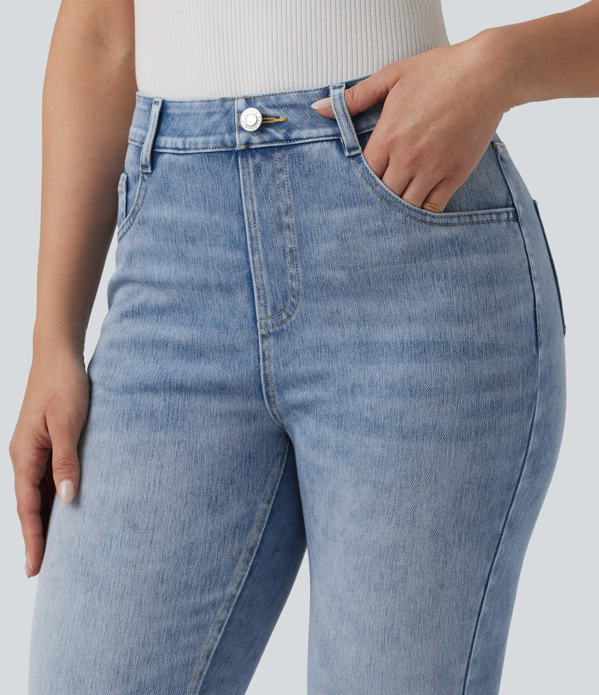 High Waisted Slim Casual Jeans with Pockets — Ice Water Denim — view 4