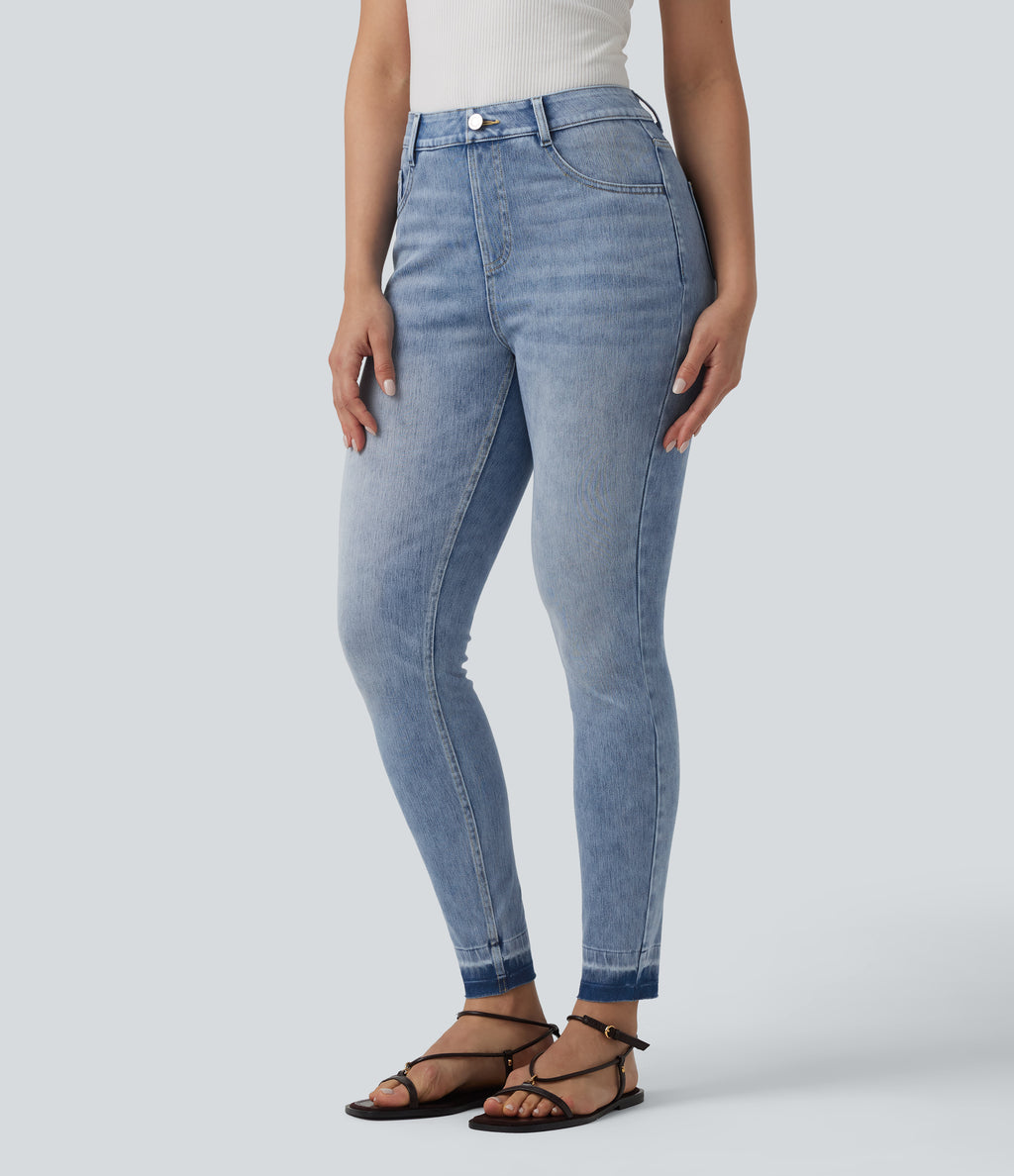 High Waisted Slim Casual Jeans with Pockets — Ice Water Denim — view 3