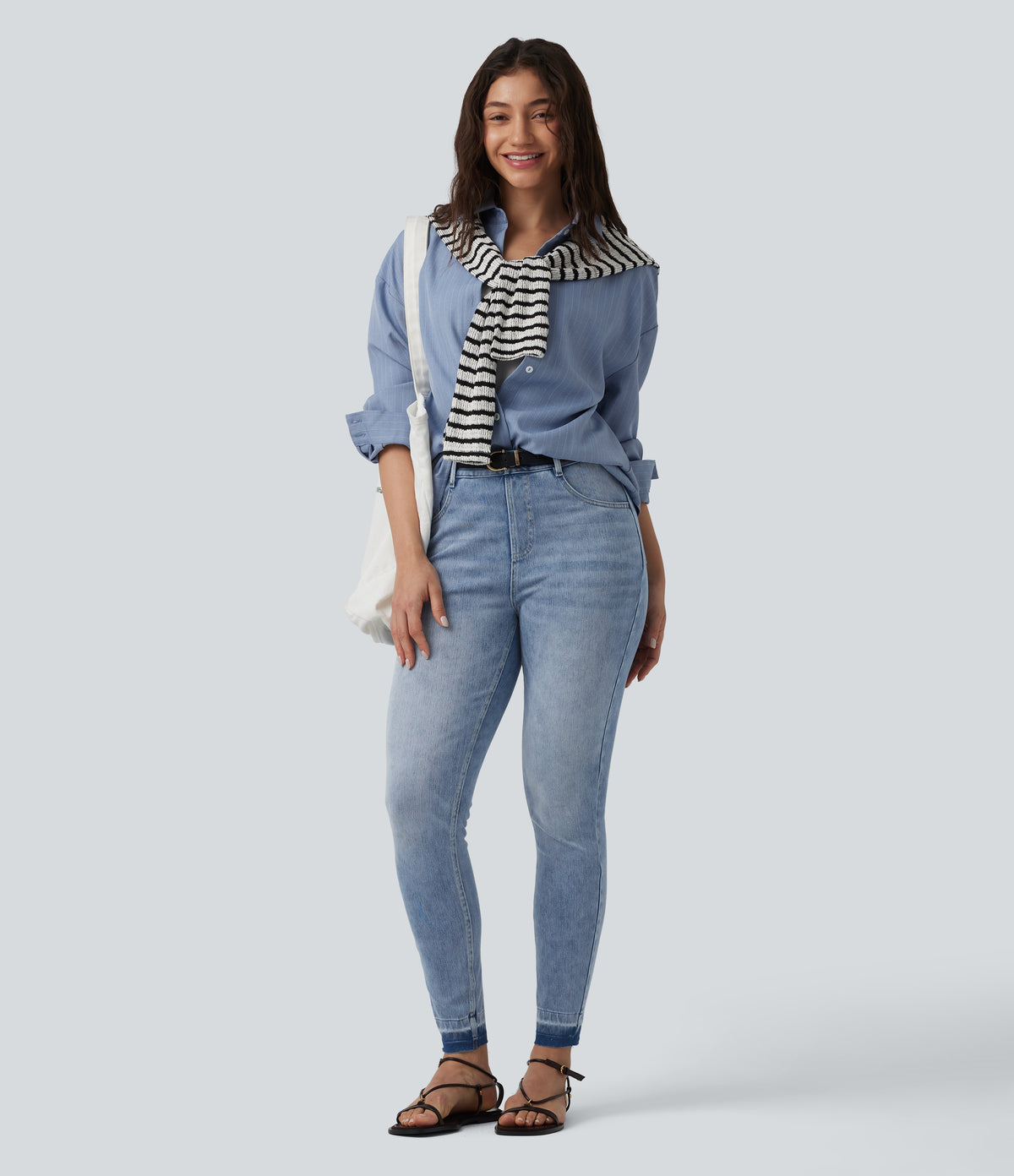 High Waisted Slim Casual Jeans with Pockets — Ice Water Denim — view 5