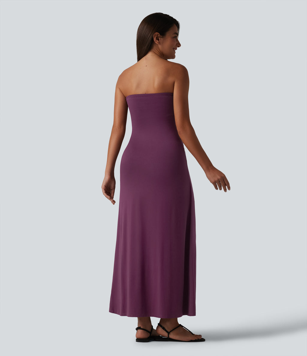 Tube Ruched Built-in Bra Maxi Casual Dress with Pockets — Italian Plum — view 2