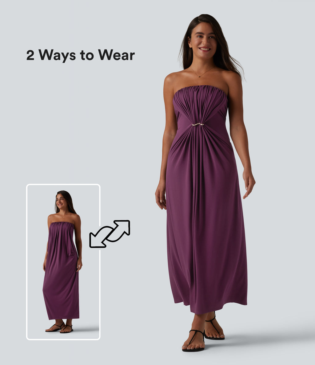 Tube Ruched Built-in Bra Maxi Casual Dress with Pockets — Italian Plum — view 1