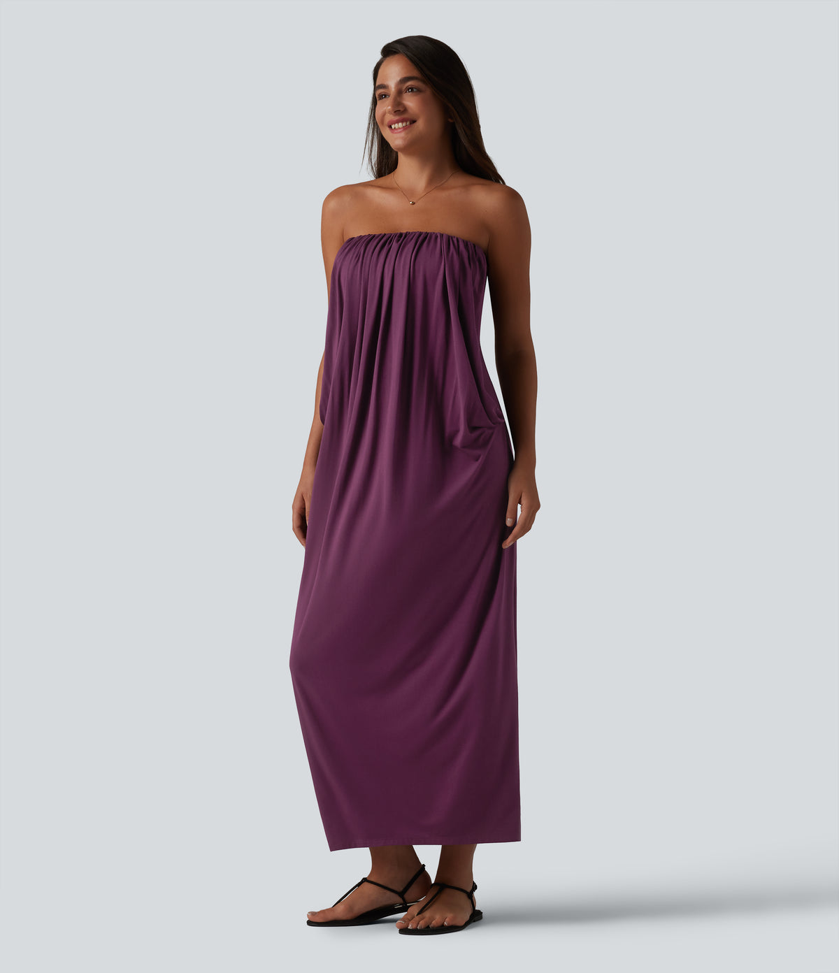 Tube Ruched Built-in Bra Maxi Casual Dress with Pockets — Italian Plum — view 6