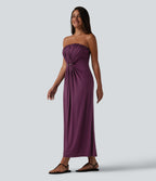 Tube Ruched Built-in Bra Maxi Casual Dress with Pockets — Italian Plum — view 3