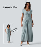 V-neck Short Sleeve Drawstring Ruched Maxi Casual Dress — Slate — view 1