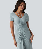 V-neck Short Sleeve Drawstring Ruched Maxi Casual Dress — Slate — view 4