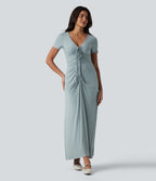 V-neck Short Sleeve Drawstring Ruched Maxi Casual Dress — Slate — view 6