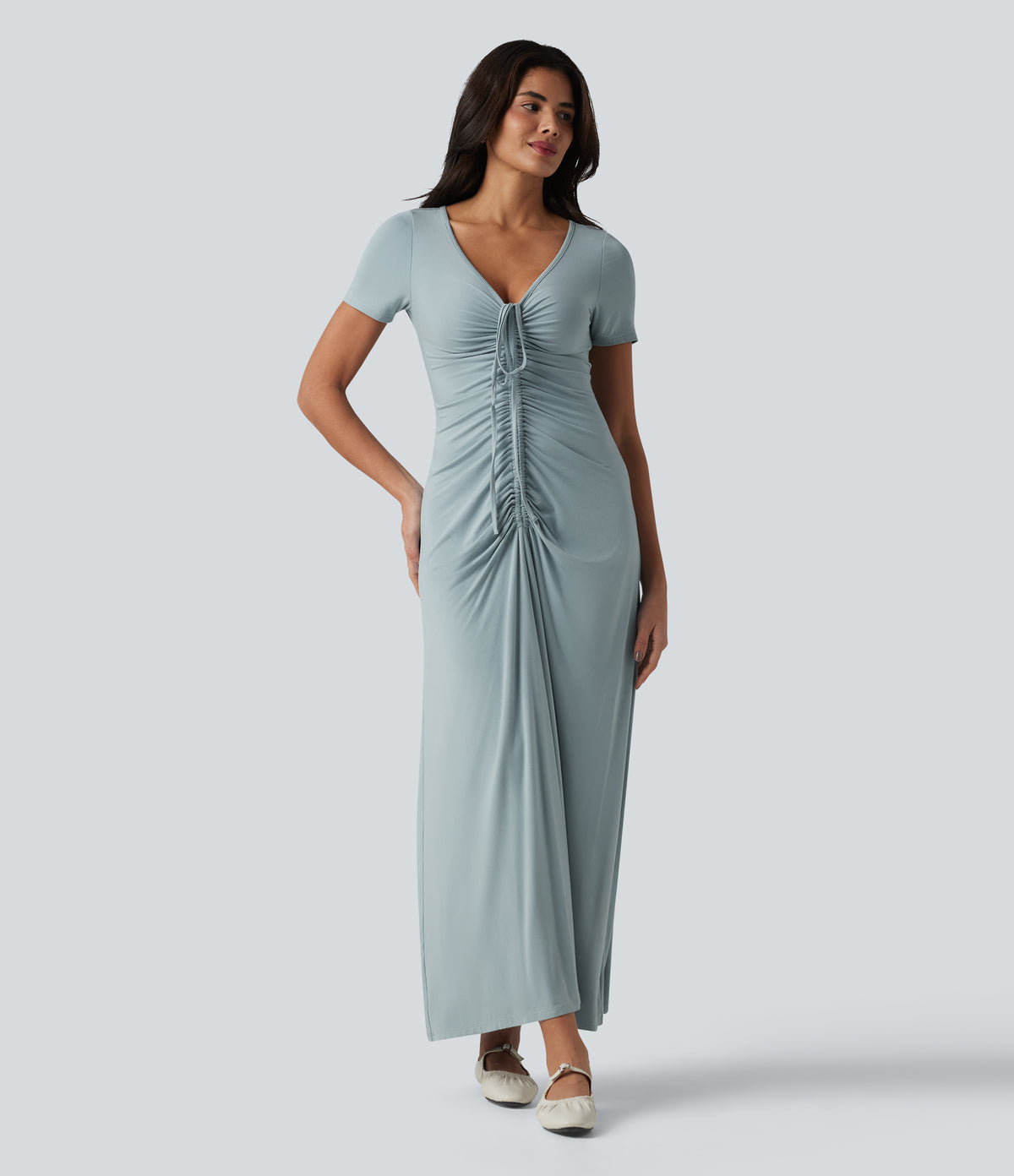 V-neck Short Sleeve Drawstring Ruched Maxi Casual Dress — Slate — view 6