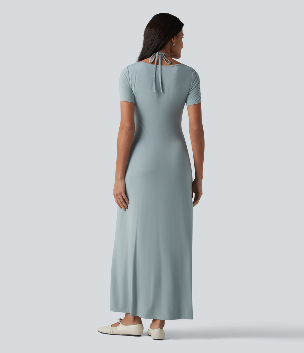 V-neck Short Sleeve Drawstring Ruched Maxi Casual Dress — Slate — view 2