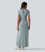 V-neck Short Sleeve Drawstring Ruched Maxi Casual Dress — Slate — view 2